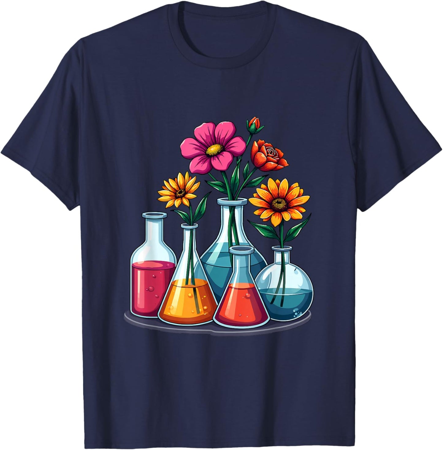 Floral Beakers Chemistry Scientist Medical Lab Technician T-Shirt - T-Shirt | Navy