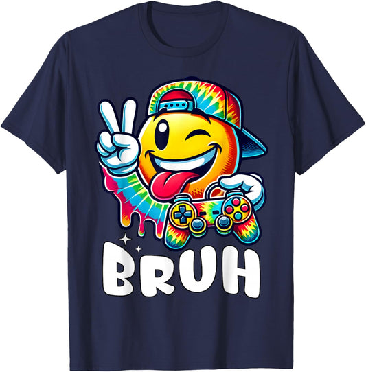 Groovy Tie Dye Gaming Funny Bruh Boys Peace Sign Gamer Kids T-Shirt - T-Shirt | Navy