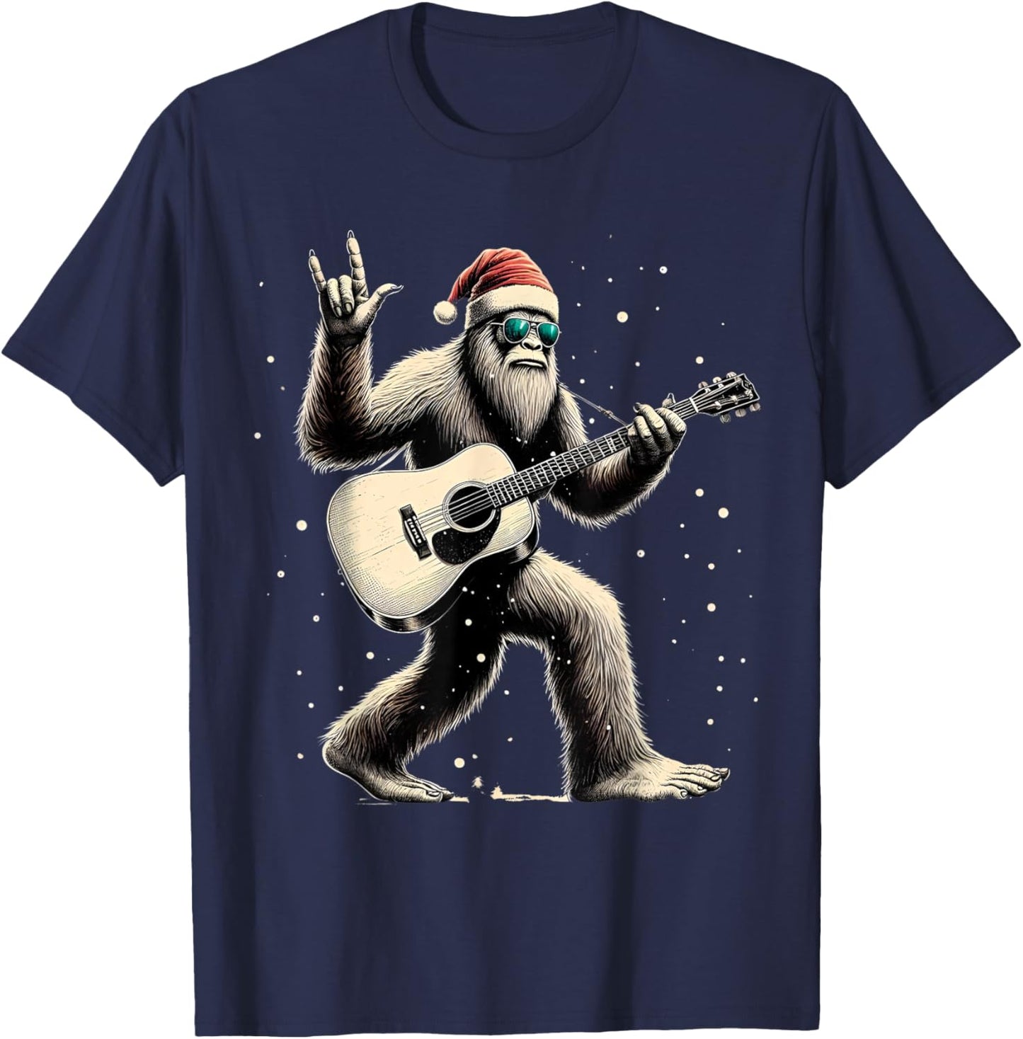 Funny Bigfoot Santa Hat Christmas Bigfoot Playing Guitar T-Shirt - T-Shirt | Navy