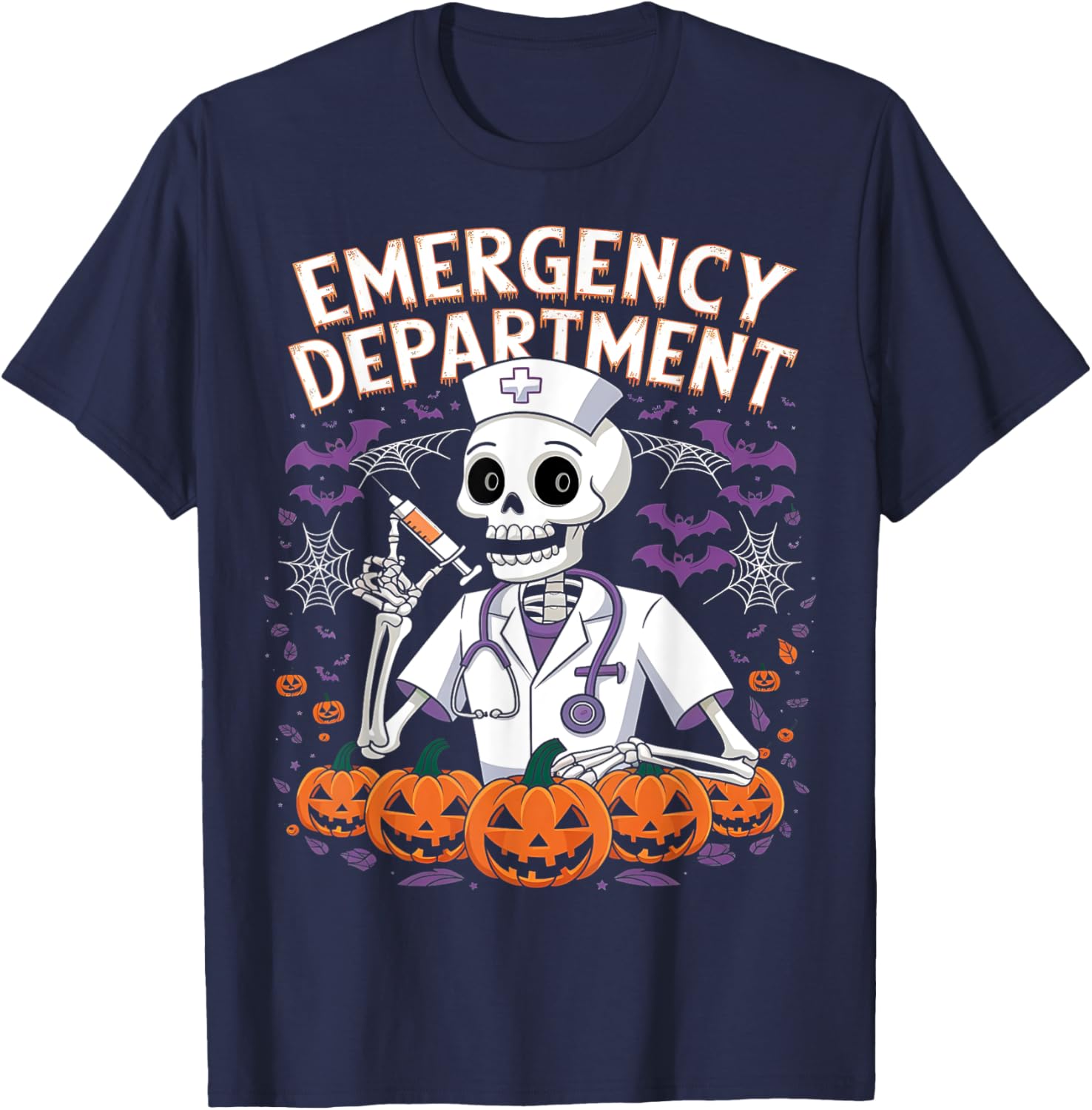 Emergency Department Skeleton ER Nurse Funny Halloween T-Shirt - T-Shirt | Navy