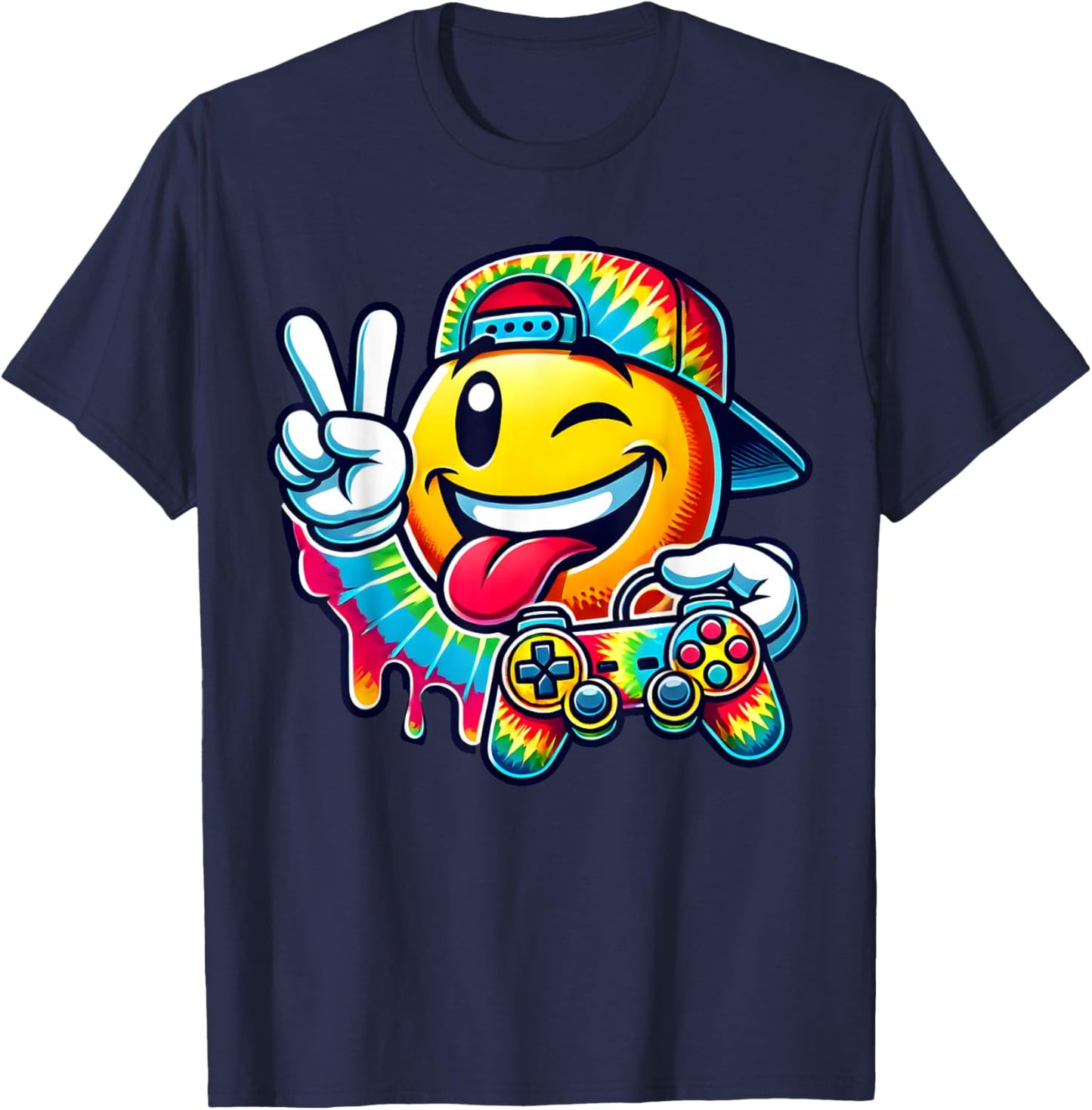 Groovy Tie Dye Gaming Boys 70s Retro Smile Peace Sign Gamer T-Shirt - T-Shirt | Navy