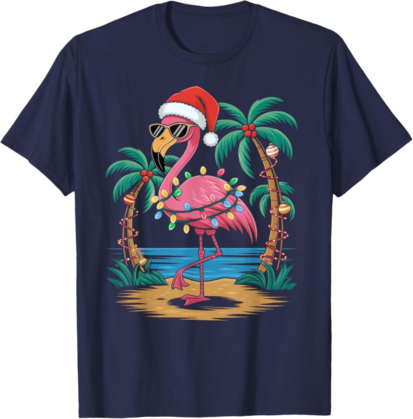 Santa Flamingo Christmas Lights Tropical Palms Tree Beach T-Shirt - T-Shirt | Navy