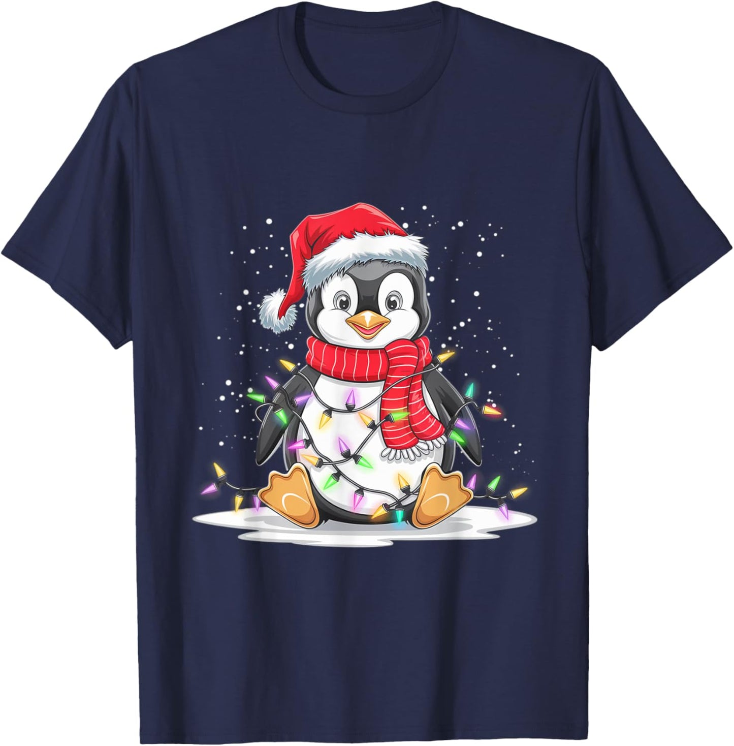 Funny Xmas Matching Santa Hat Penguin Christmas Tree Lights T-Shirt - T-Shirt | Navy