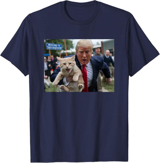 Trump Saving A Cat Funny Political Humor Photo Save The Pets Men Women T-Shirt - T-Shirt | Navy