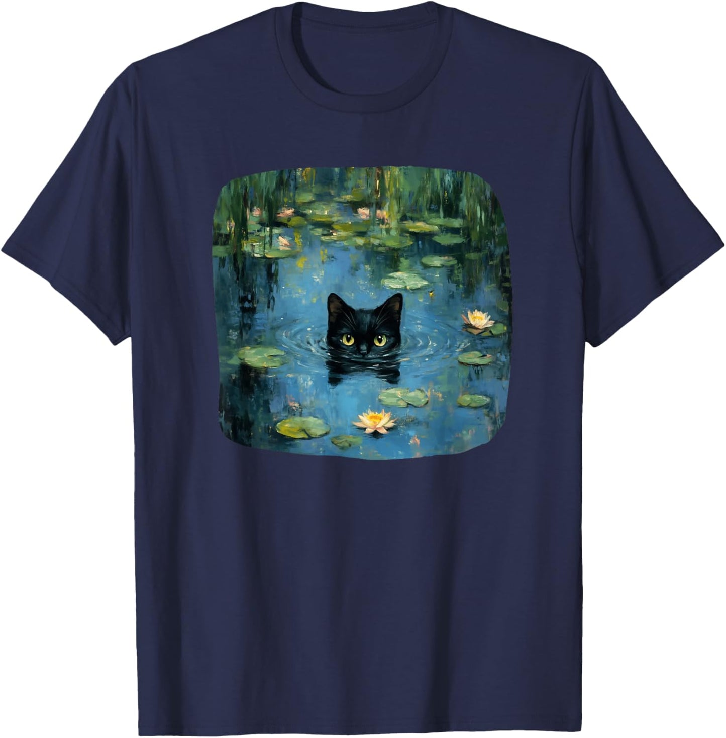 Mystical Black Cat Swimming in Waterlily Pond Art Lover Men Women Kids T-Shirt - T-Shirt | Navy