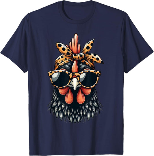 Cute Women Girl Chicken Leopard Bandana Headband Glasses T-Shirt - T-Shirt | Navy
