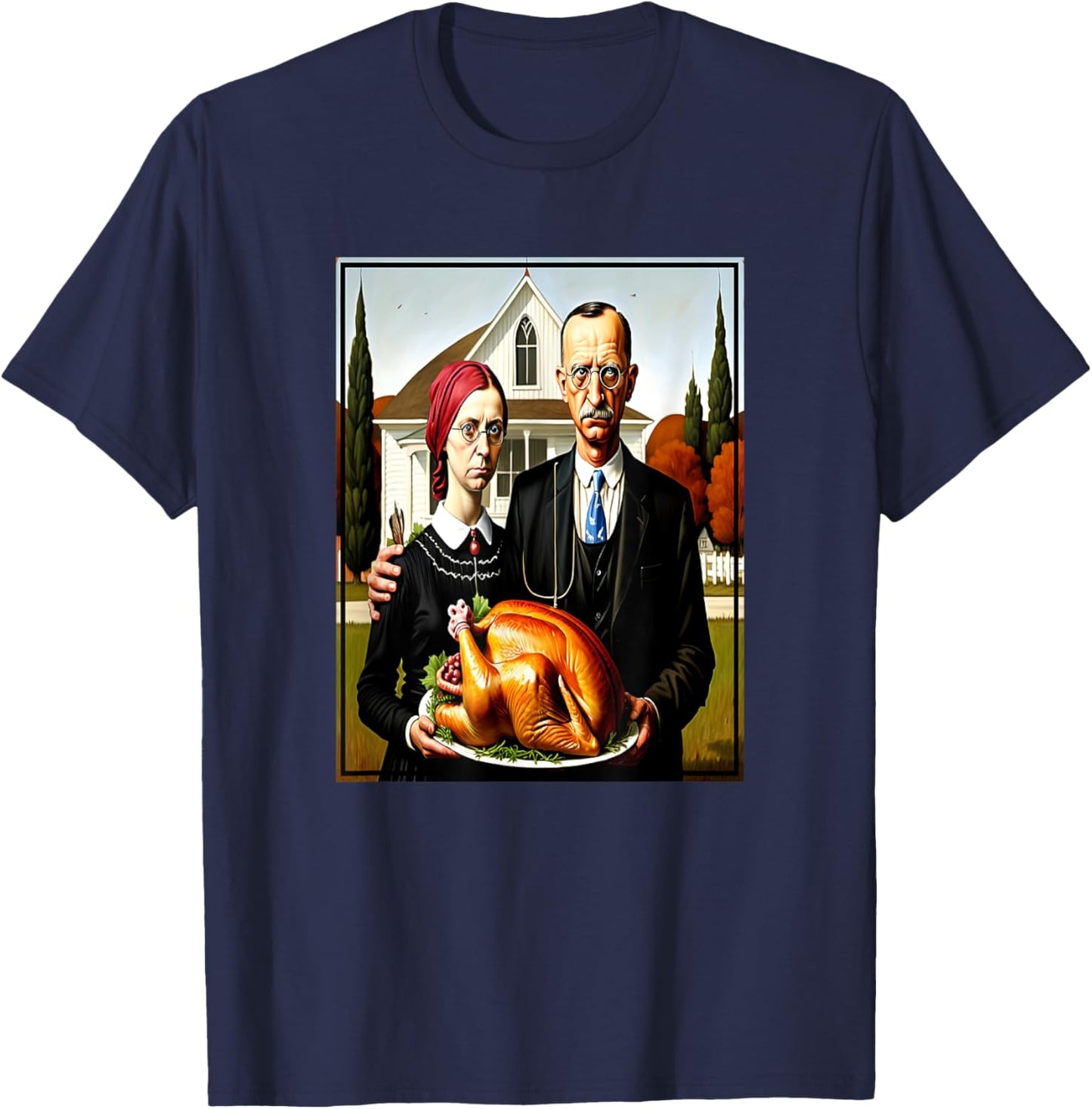 Thanksgiving Dinner American Gothic Parody Painting T-Shirt - T-Shirt | Navy