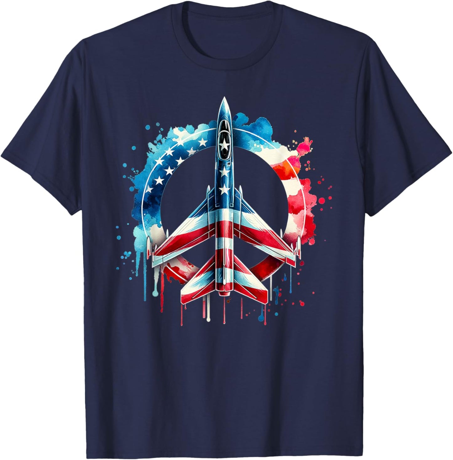 Flying Jet American Flag Peace Sig USA Patriotic July 4th T-Shirt - T-Shirt | Navy