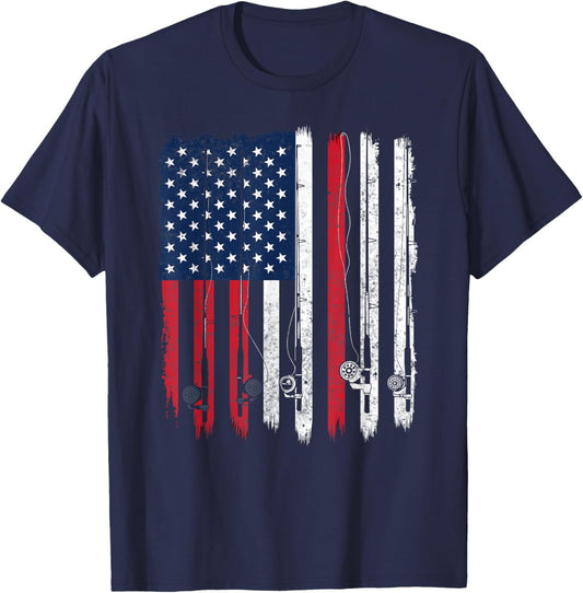 American Flag Fishing Rod Fishing T-Shirt - T-Shirt | Navy