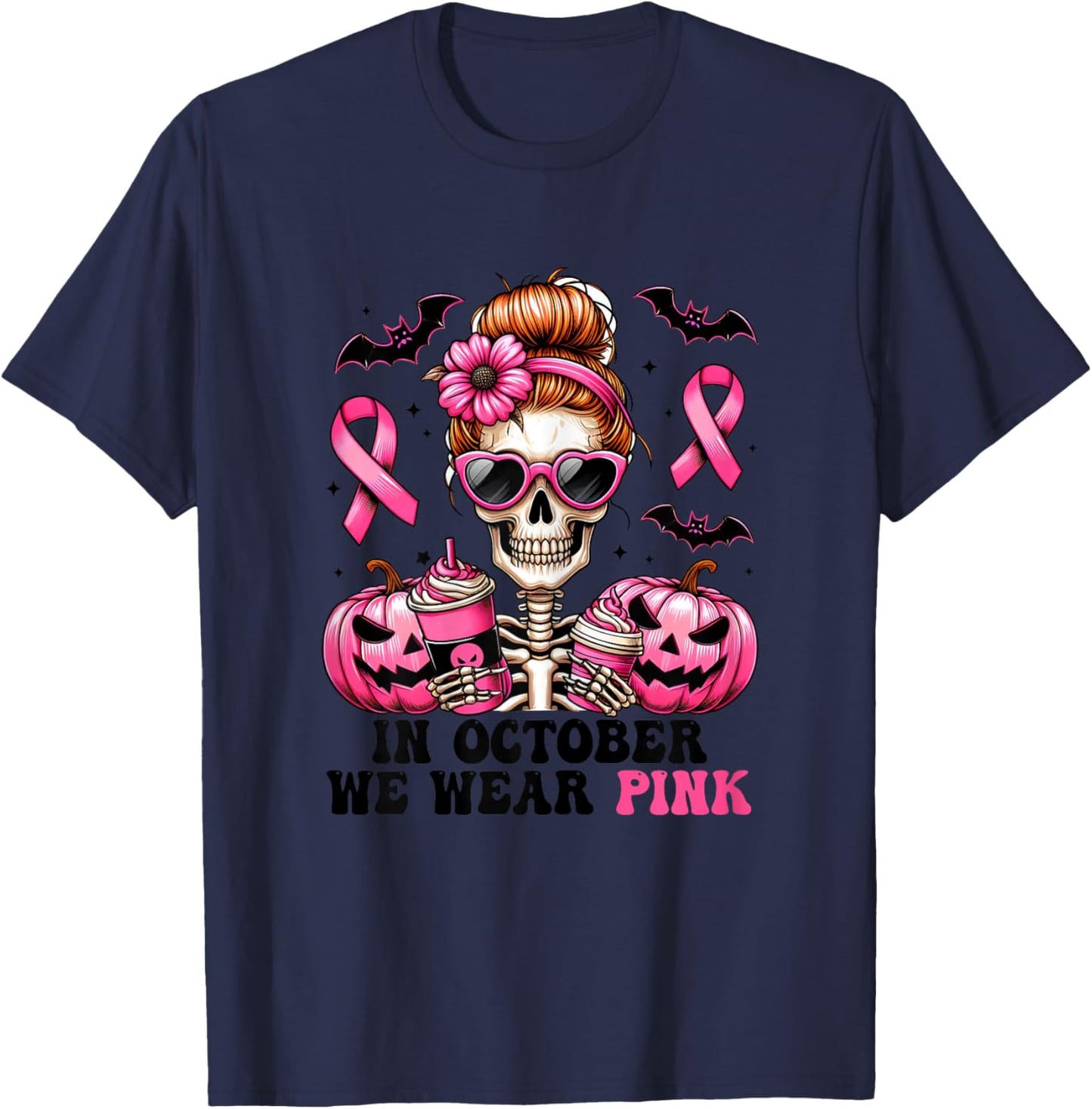 In October We Wear Pink Breast Cancer Skeleton Halloween T-Shirt - T-Shirt | Navy