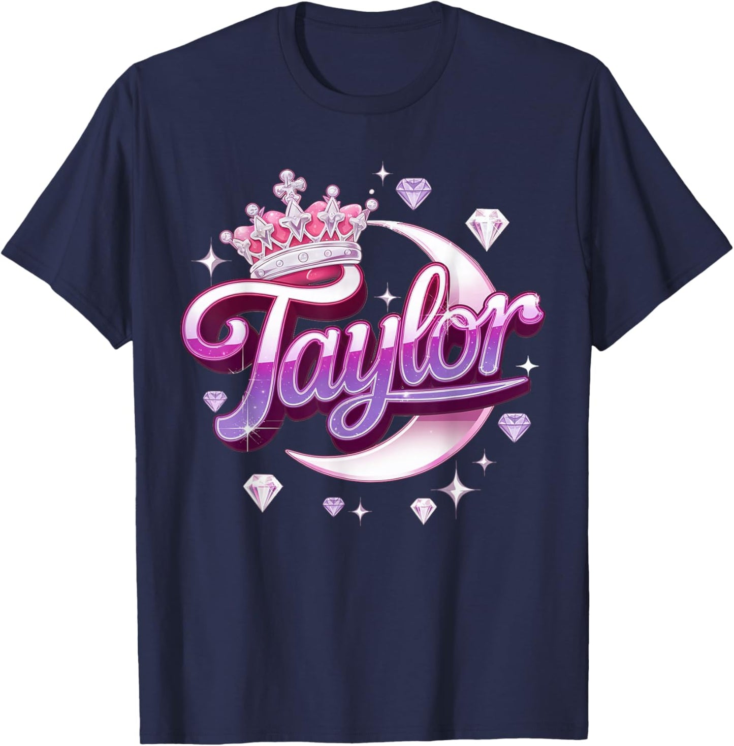 Girl Retro Taylor First Name Personalized Groovy 80's Pink T-Shirt - T-Shirt | Navy