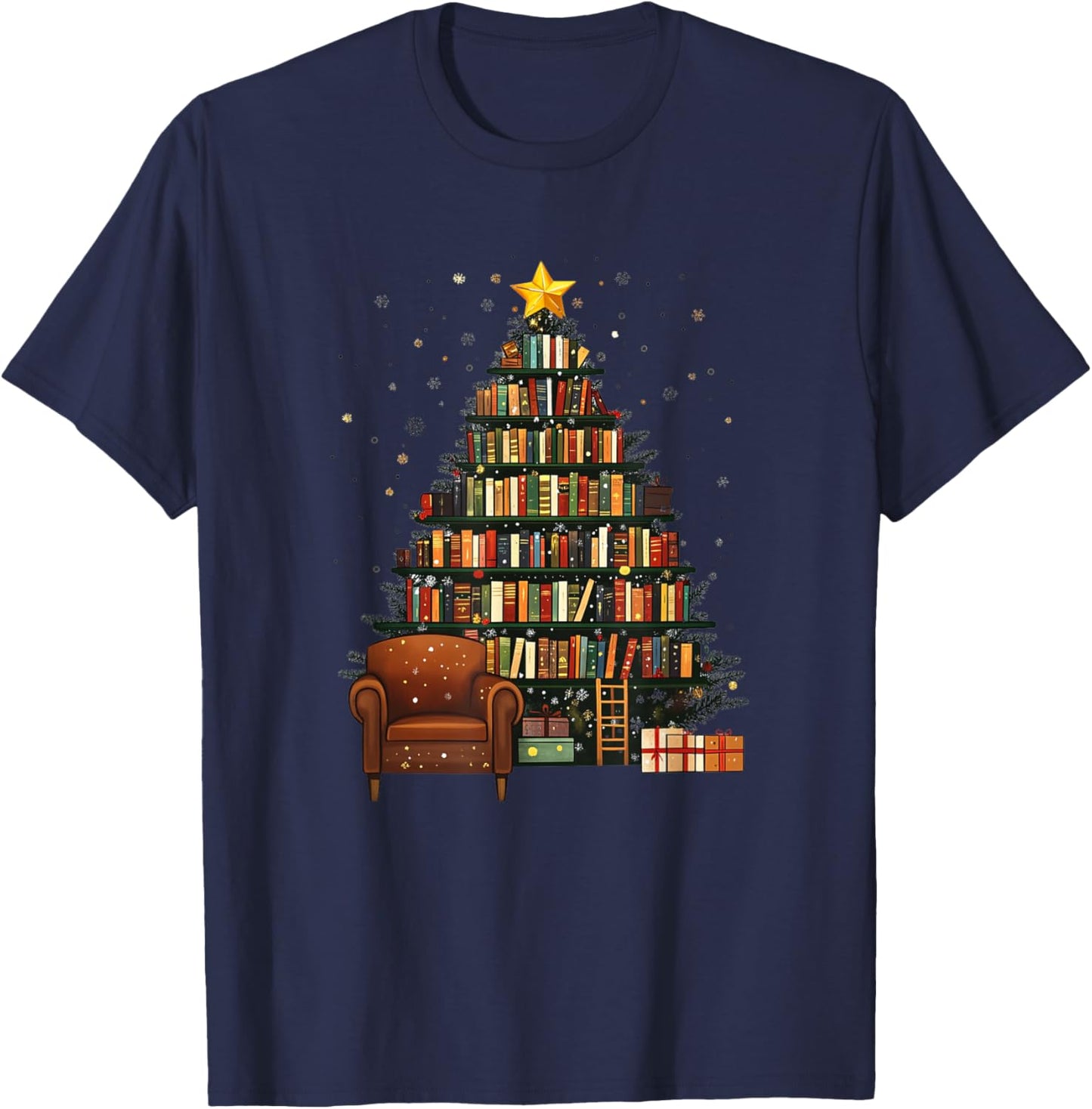 Christmas Tree Bookshelf - Book Lover Library T-Shirt - T-Shirt | Navy