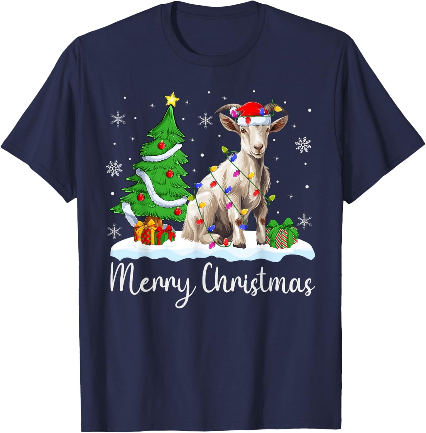 Goat Xmas Lighting Santa Hat Goat Merry Christmas Tree T-Shirt - T-Shirt | Navy