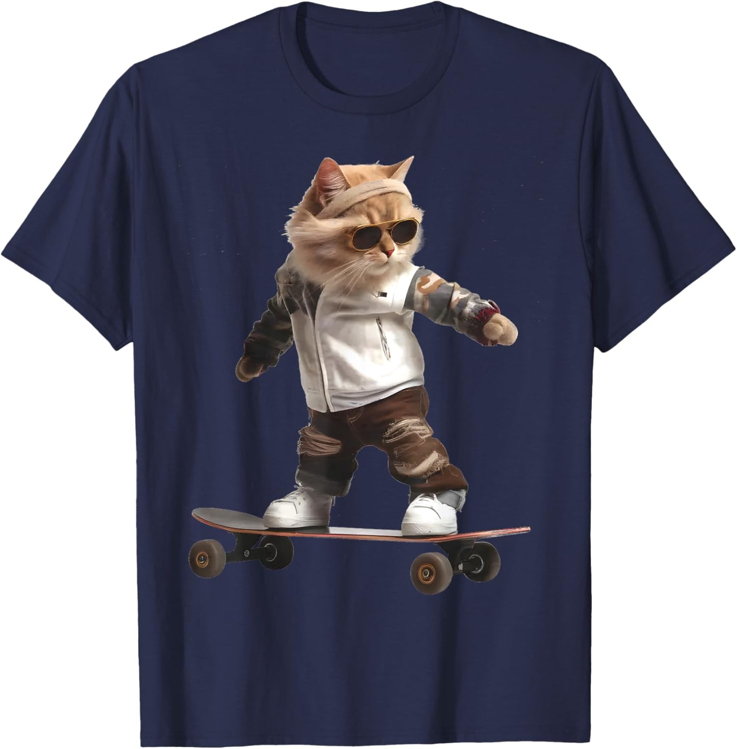 Cat On A Skateboard Funny Stylish Riding Cat In Skatepark Men Women Kids T-Shirt - T-Shirt | Navy