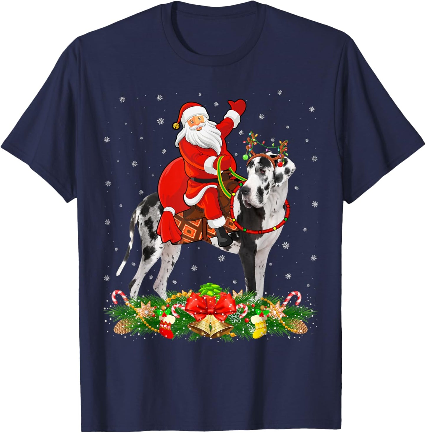 Xmas Decor Funny Santa Riding Great Dane Dog Christmas Men Women Kids T-Shirt - T-Shirt | Navy