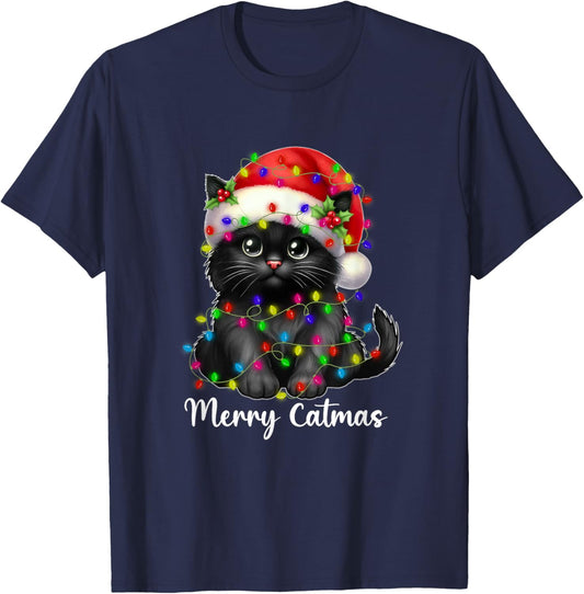 Merry Catmas Black Cat Christmas Light Xmas Family Men Women T-Shirt - T-Shirt | Navy
