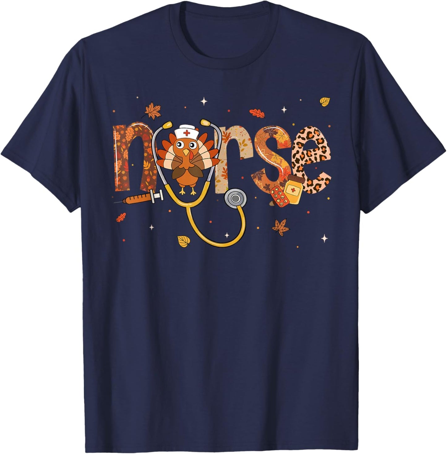 Thanksgiving Nurse Shirts Women Girls Turkey Fall Scrub Top T-Shirt - T-Shirt | Navy