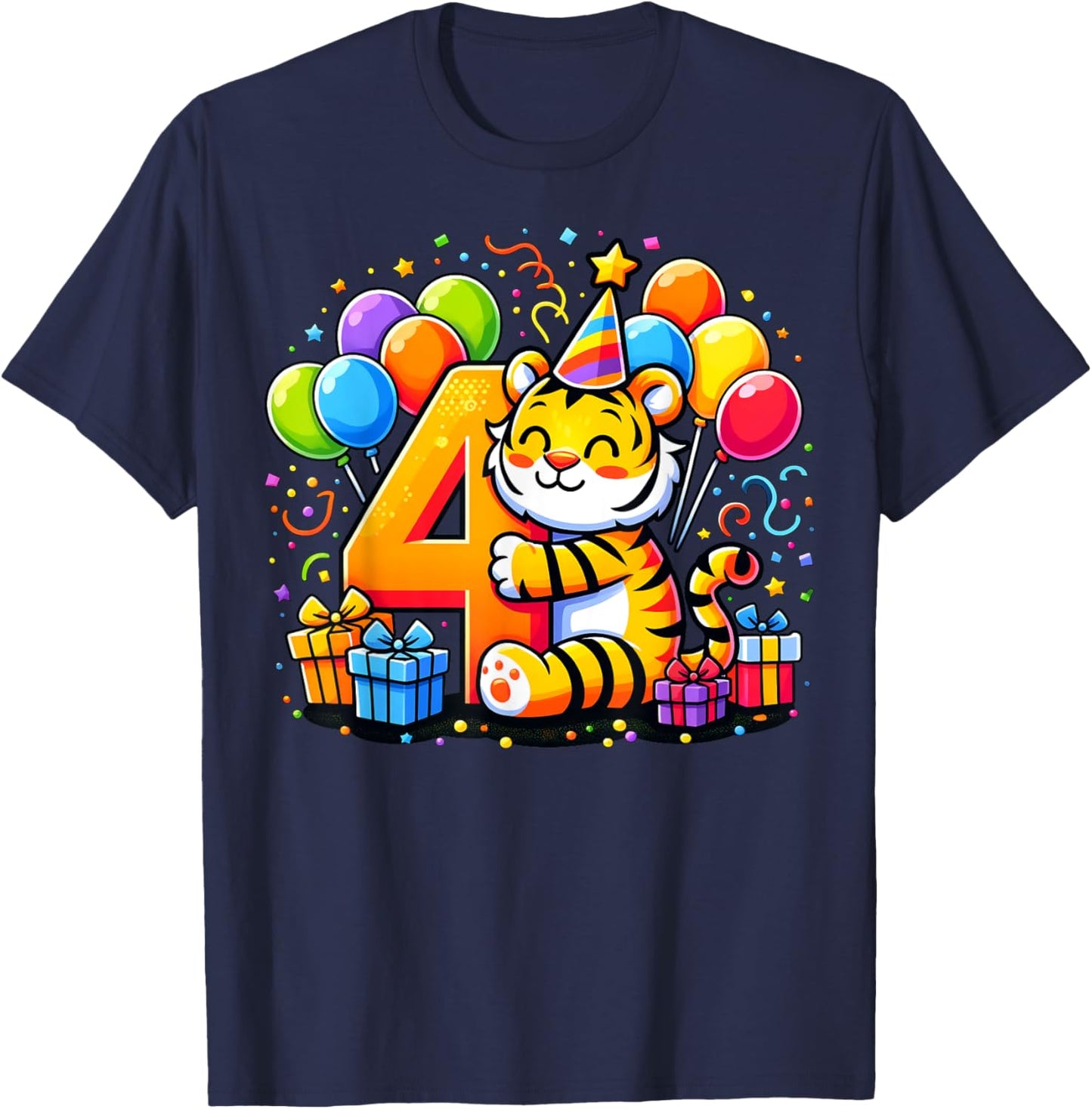 Kids Tiger Theme fourth Bday Party 4th Tiger Birthday T-Shirt - T-Shirt | Navy