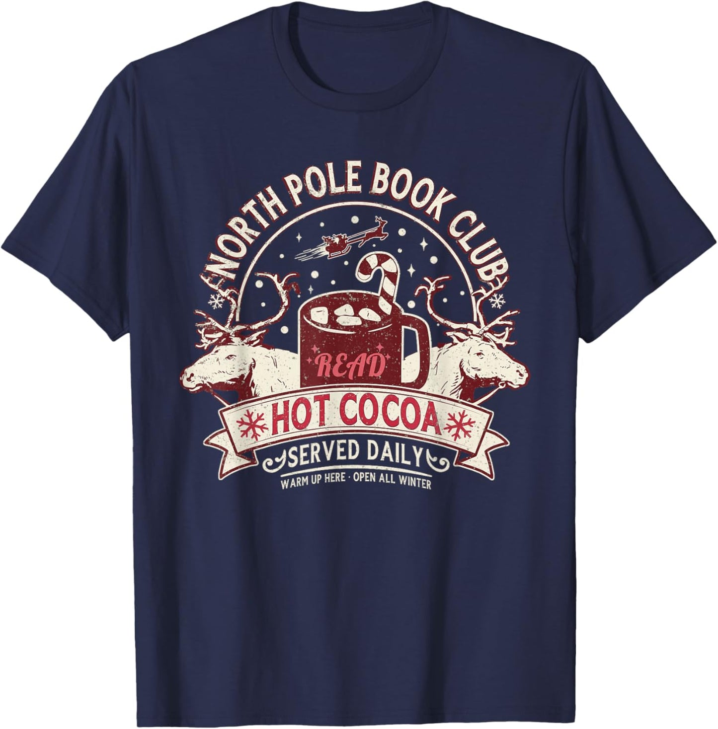 North Pole Book Club Hot Cocoa Reindeer Librarians Christmas T-Shirt - T-Shirt | Navy