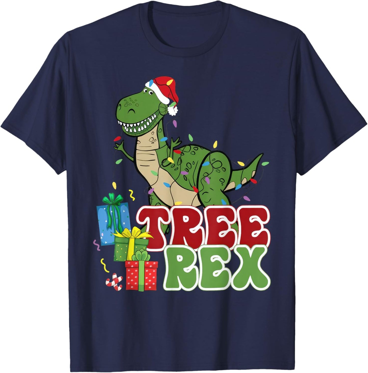 Dinosaur Tree Rex Christmas Men Boys Kids Toddler Xmas Light T-Shirt - T-Shirt | Navy