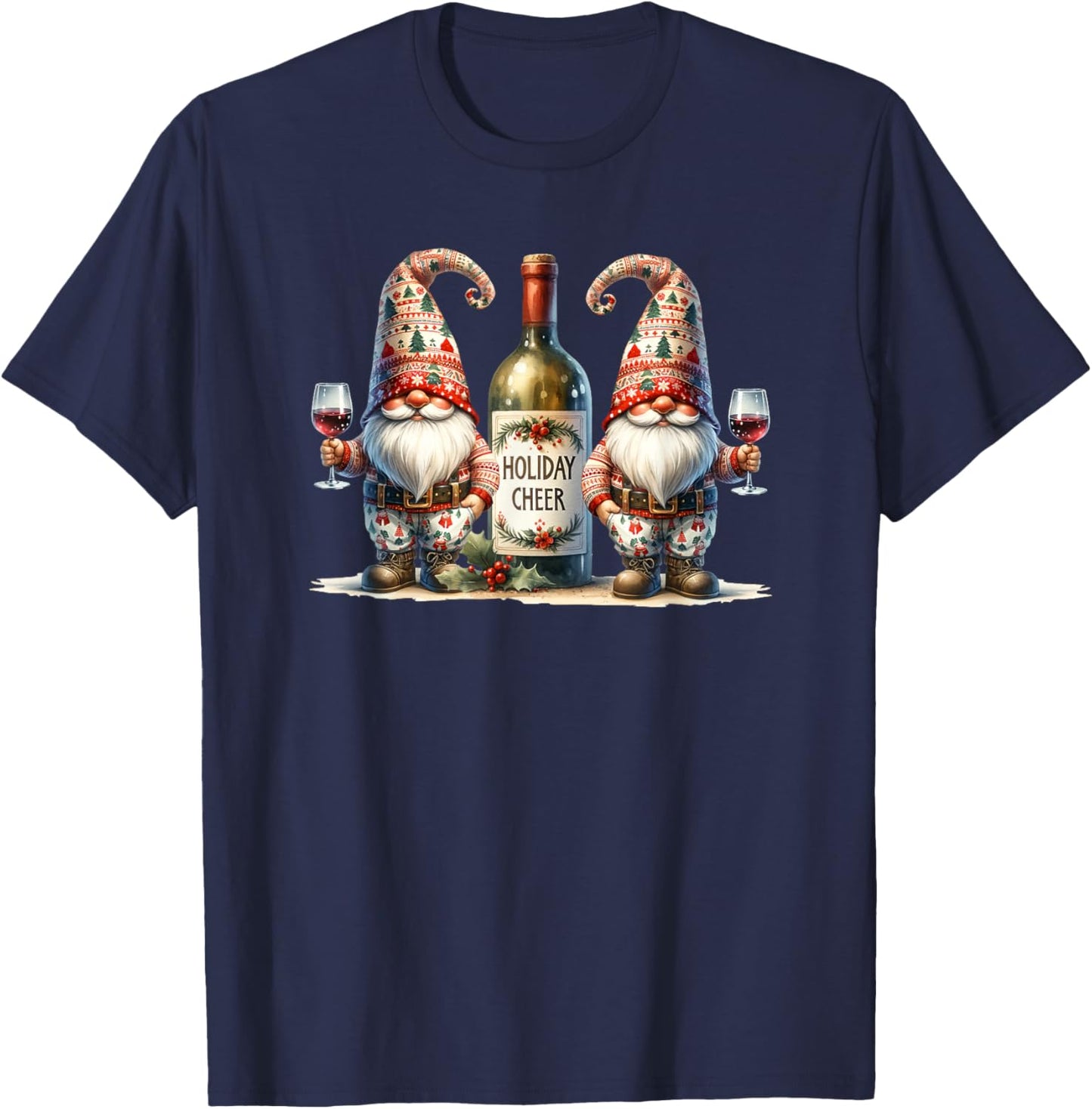 Christmas Wine Santa Gnomes For Xmas Holiday Cheer T-Shirt - T-Shirt | Navy