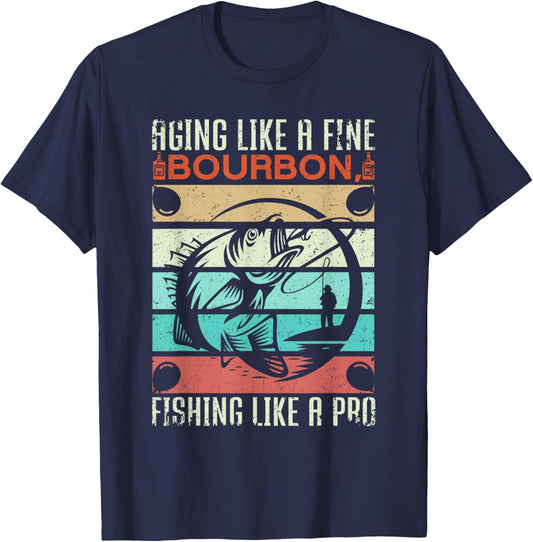 Aging Like Fine Bourbon Fishing Like A Pro Birthday Fishing T-Shirt - T-Shirt | Navy