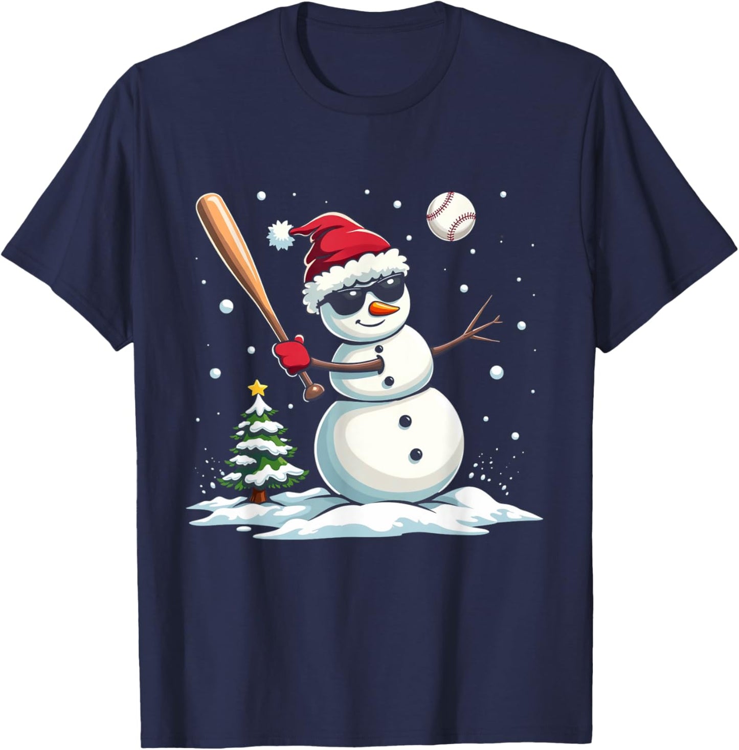 Baseball Christmas Funny Snowman Playing Baseball Xmas T-Shirt - T-Shirt | Navy