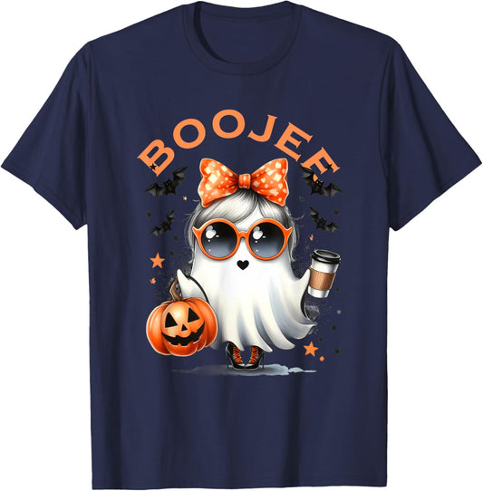 Boo JEE Ghost with Coffee Coquette Bow Halloween Women Girl T-Shirt - T-Shirt | Navy
