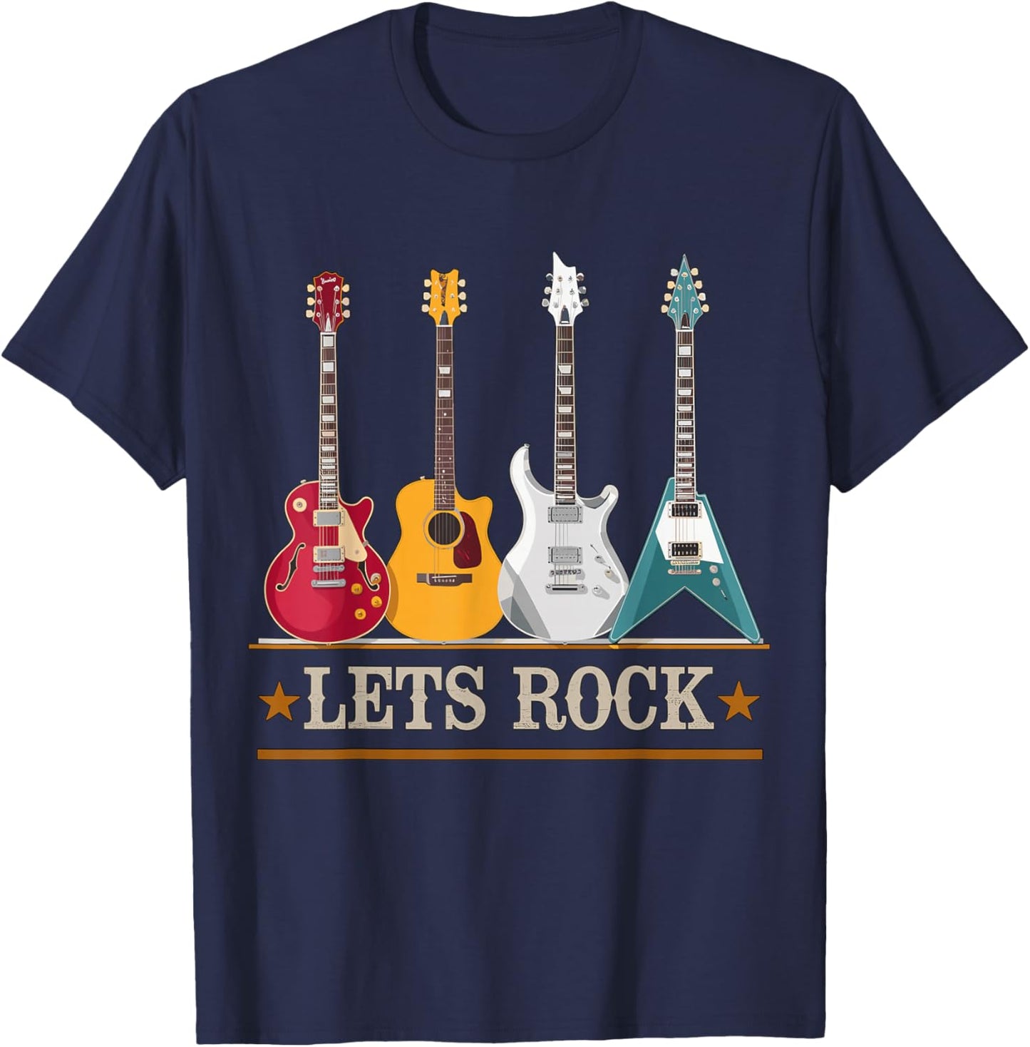 Let's Rock and Roll Guitar Music Band T-Shirt - T-Shirt | Navy