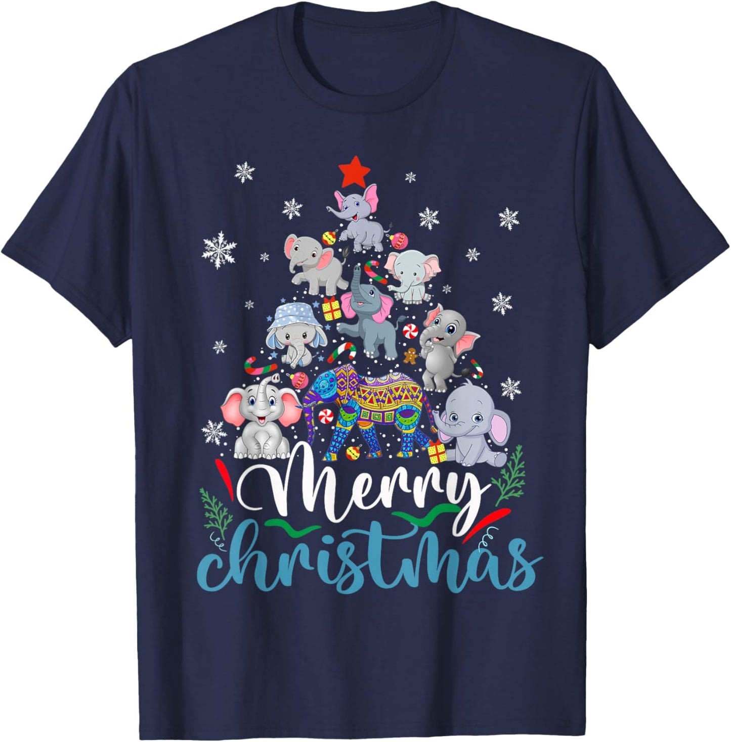 Elephant Xmas Snow Tree Animal Xmas Merry Christmas Elephant T-Shirt - T-Shirt | Navy