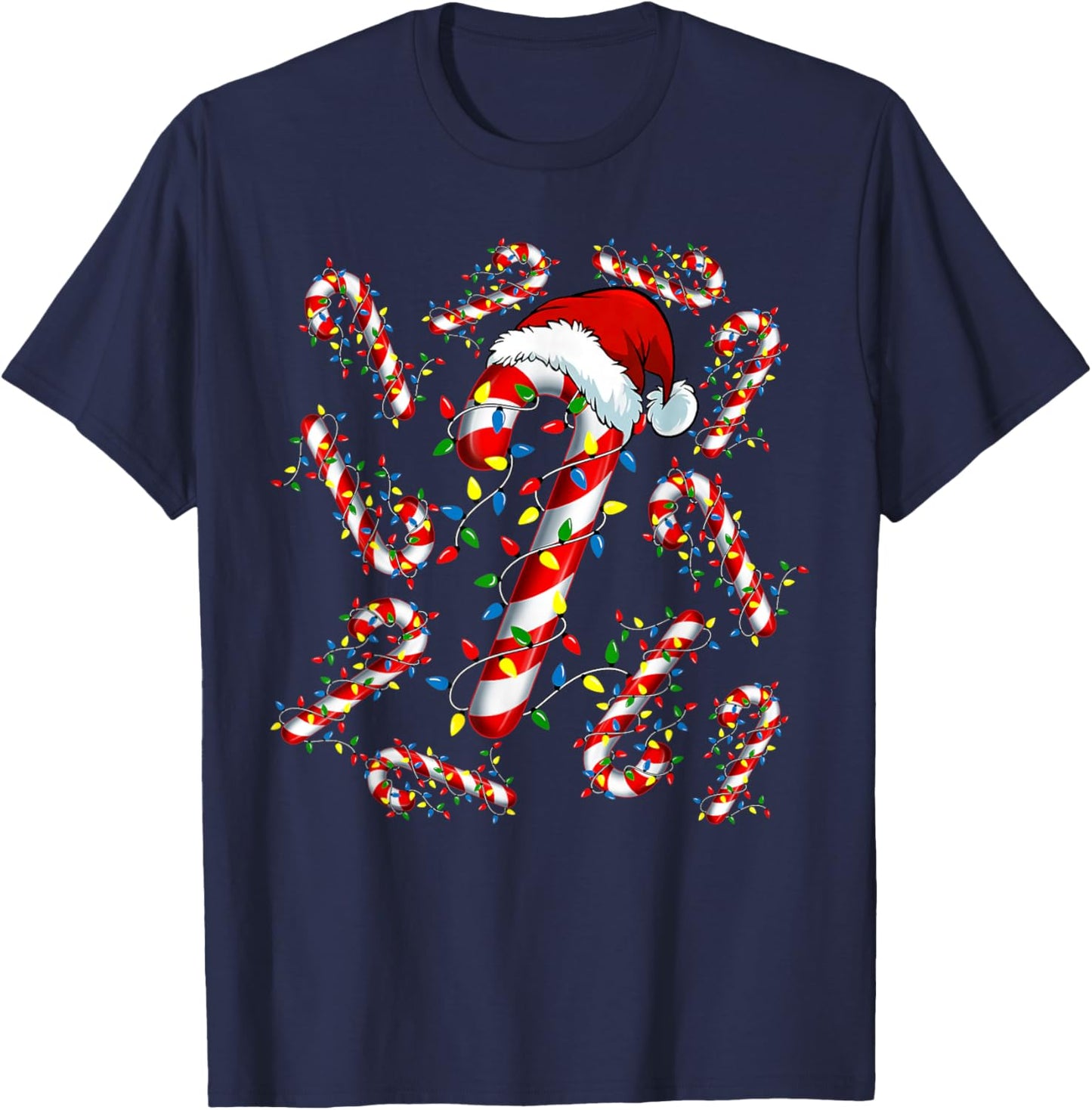 Red and White Candy Cane Santa Funny Christmas Xmas Lights T-Shirt - T-Shirt | Navy