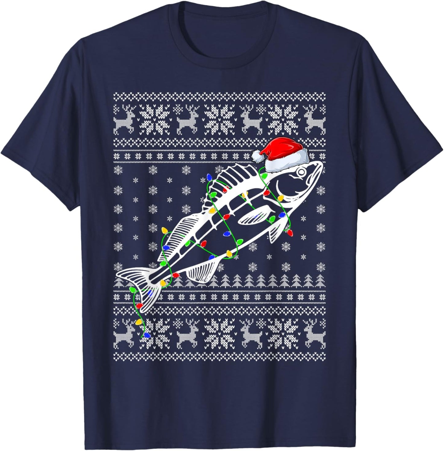 Ugly Sweater Xmas Lights Santa Hat Walleye Fish Christmas T-Shirt - T-Shirt | Navy