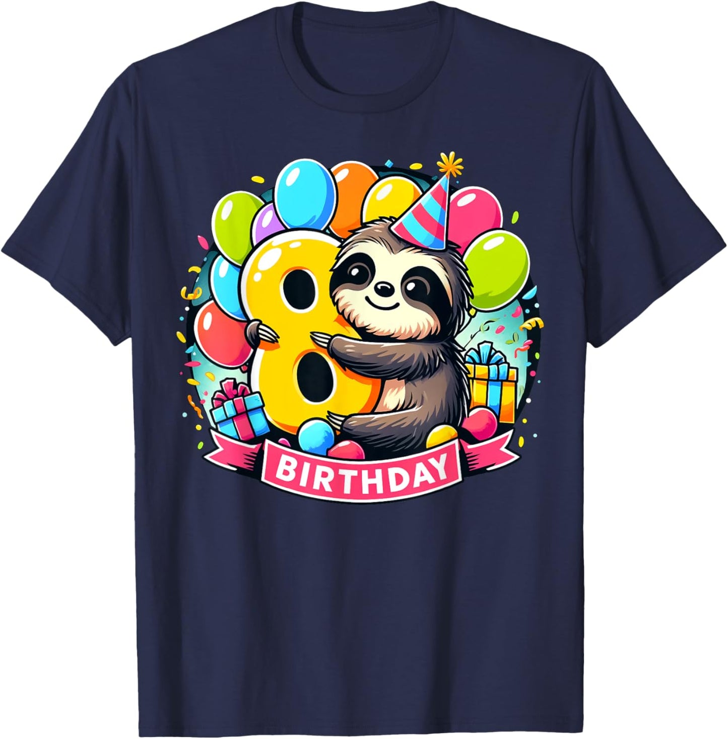 Kids Sloth Theme eighth Bday Party 8th Sloth Birthday T-Shirt - T-Shirt | Navy