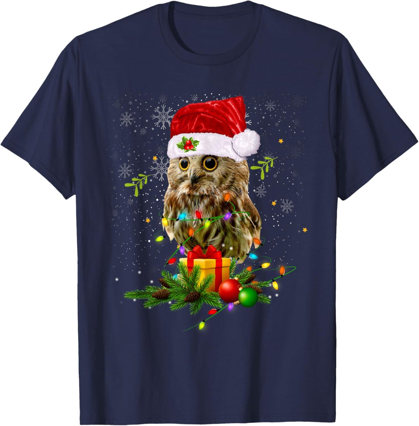 Cute Owl Christmas Light Santa Hat Snow Xmas Holiday Costume T-Shirt - T-Shirt | Navy