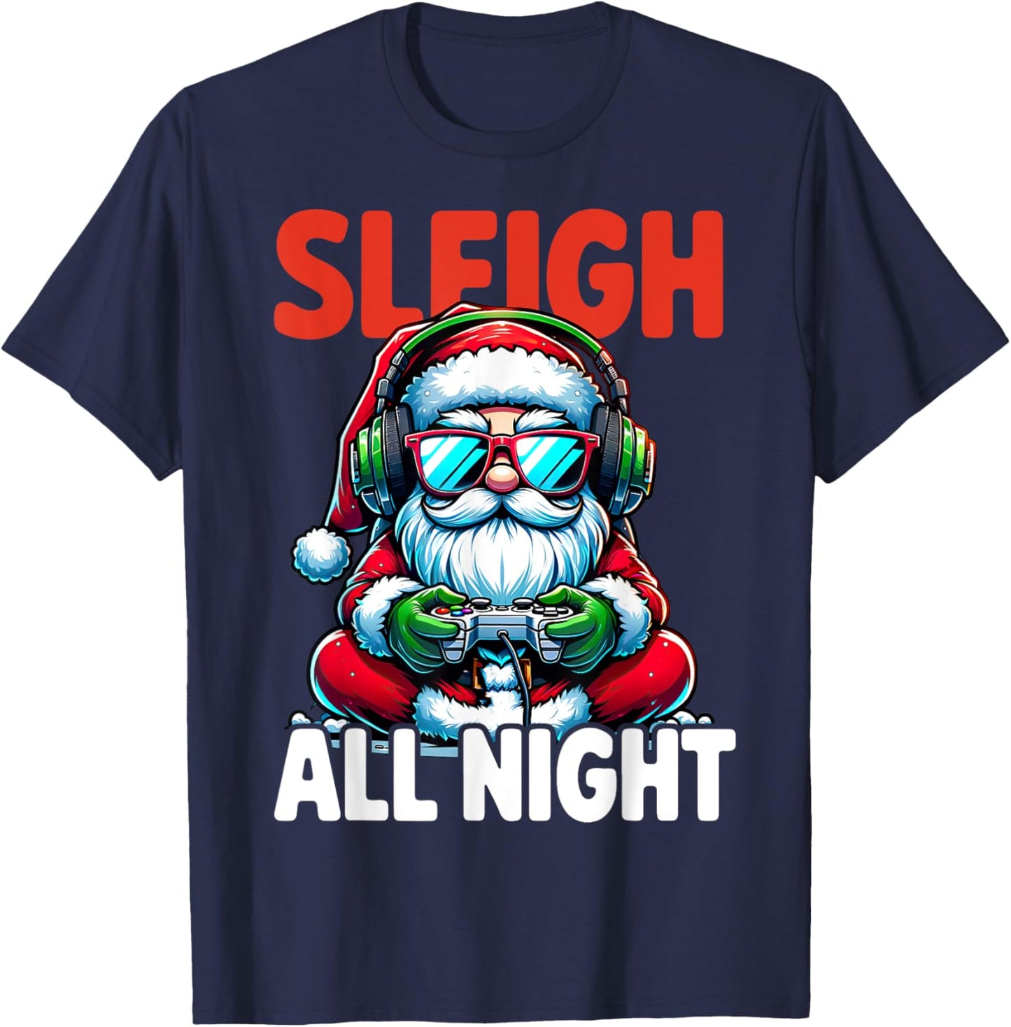 Christmas Gamer Boys Sleigh All Night Video Game Santa Xmas T-Shirt - T-Shirt | Navy