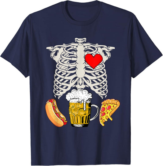 Dad Skeleton Halloween Beer Pizza Funny Pregnancy Couple Men T-Shirt - T-Shirt | Navy
