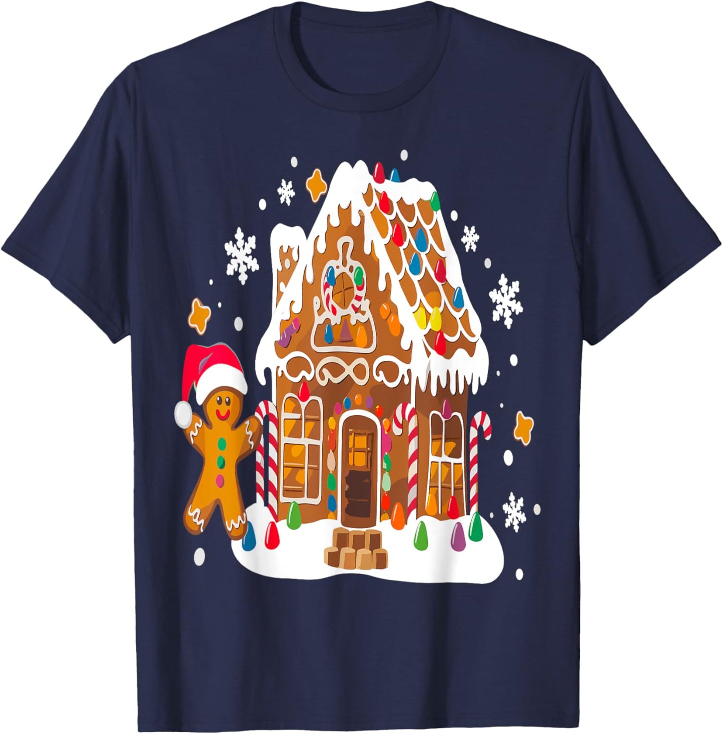 Gingerbread Houses and Snowflakes Sweet Christmas T-Shirt - T-Shirt | Navy