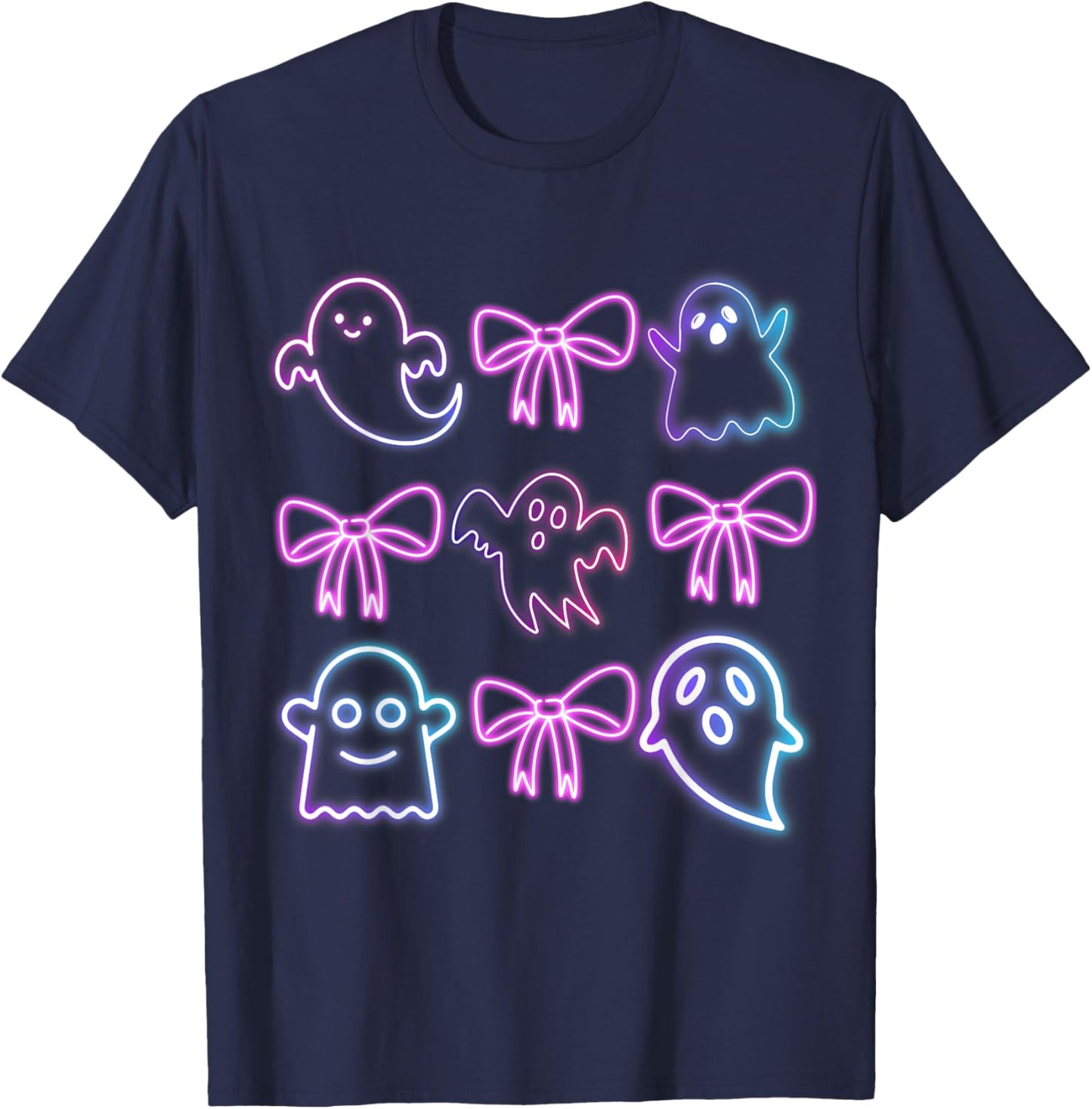 Cute Boo Ghost Spooky Season Glow In Halloween Night Bow T-Shirt - T-Shirt | Navy