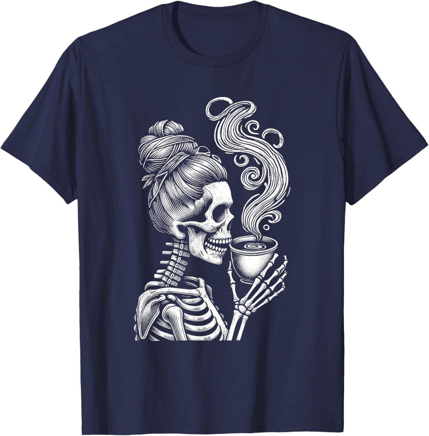 Messy Bun Skeleton Drinking Coffee Funny Halloween Costume T-Shirt - T-Shirt | Navy