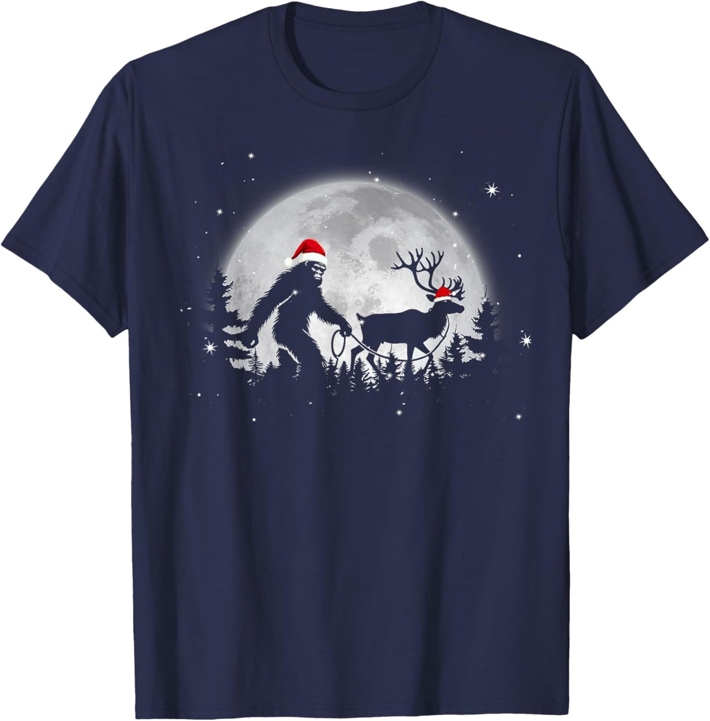 Funny Bigfoot Walking Reindeer Full Moon Christmas Sasquatch T-Shirt - T-Shirt | Navy