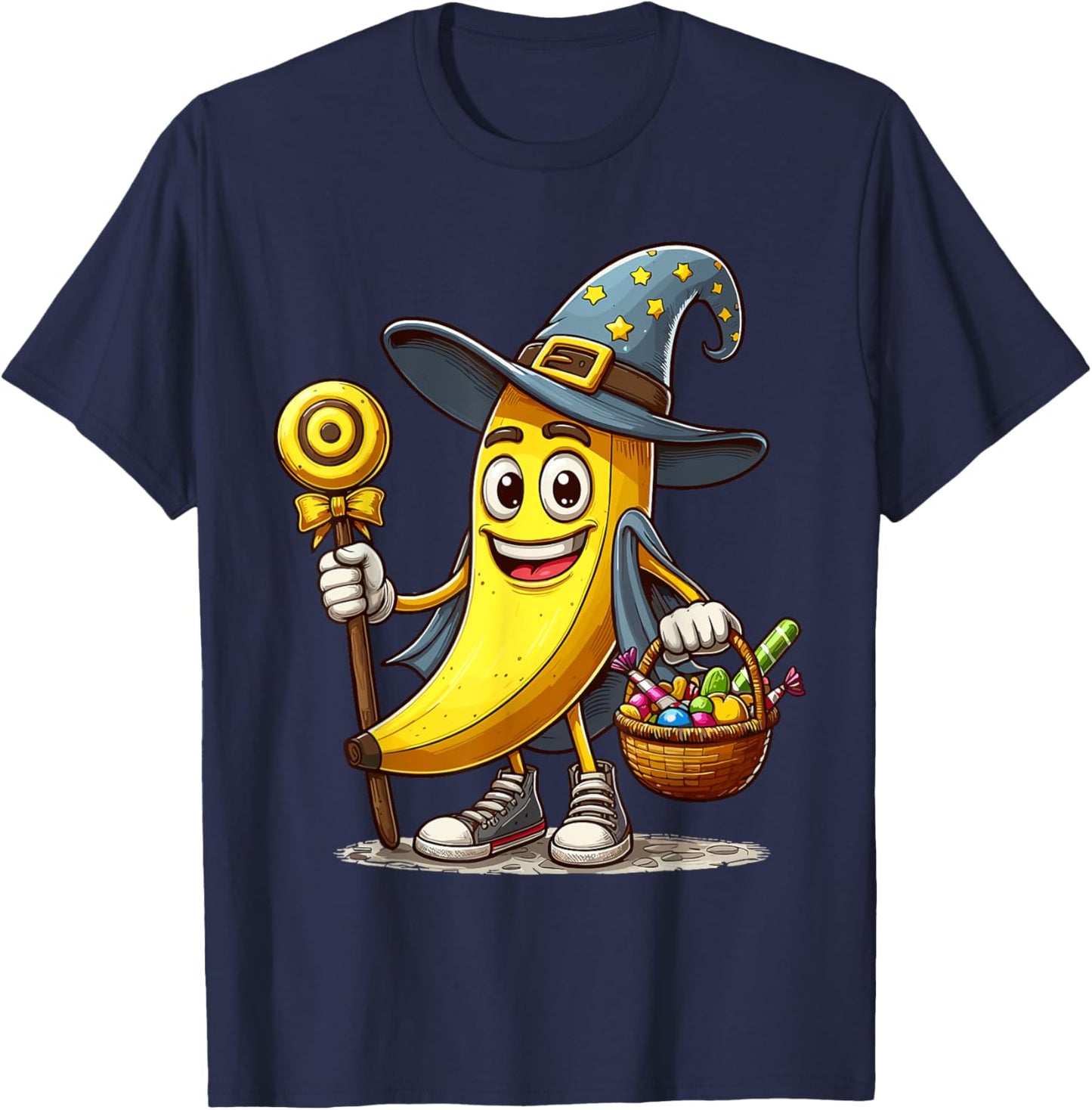 Funny Banana Witch Halloween Hat Holding Candy Halloween T-Shirt - T-Shirt | Navy