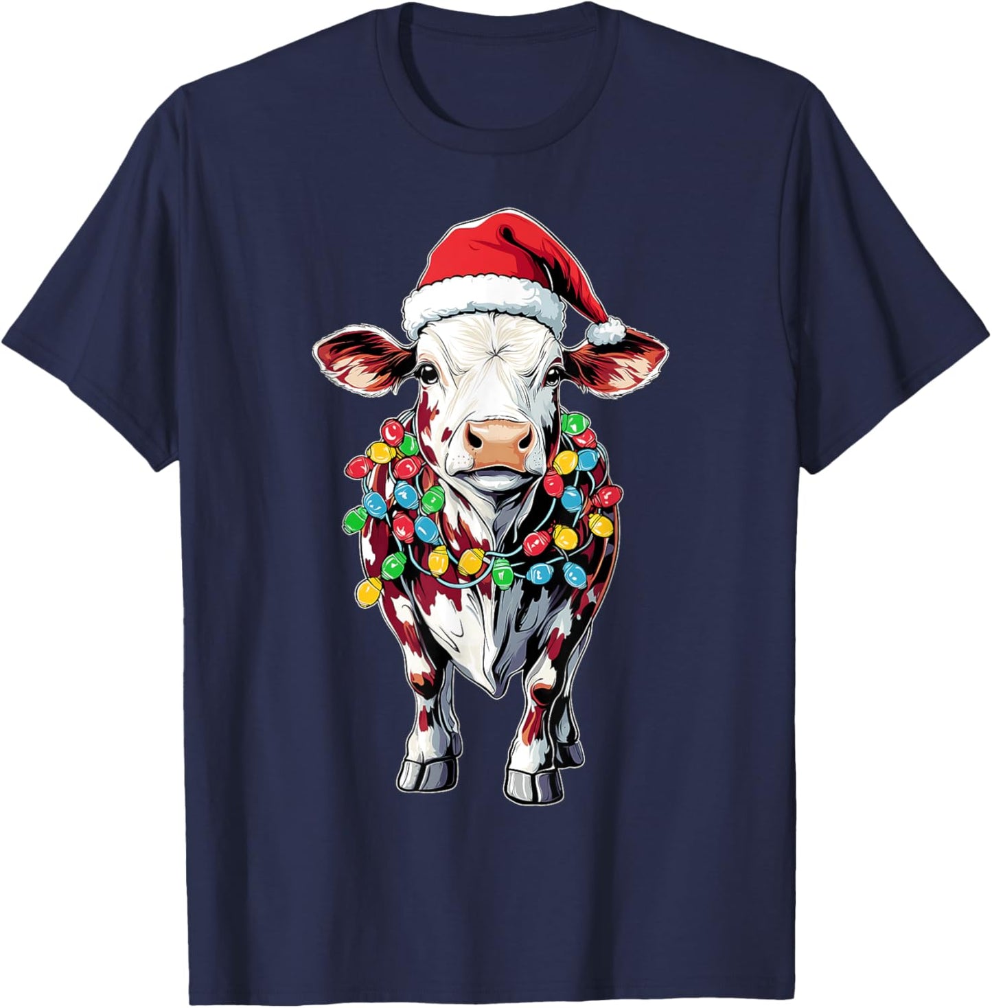Hereford Cattle Farmer Christmas Hat Xmas - -Adults/Kids - Black - Short Sleeve - - Graphic - Cartoon - People - Christmas/Farming Enthusiasts, Young Adults, Children T-Shirt - T-Shirt | Navy