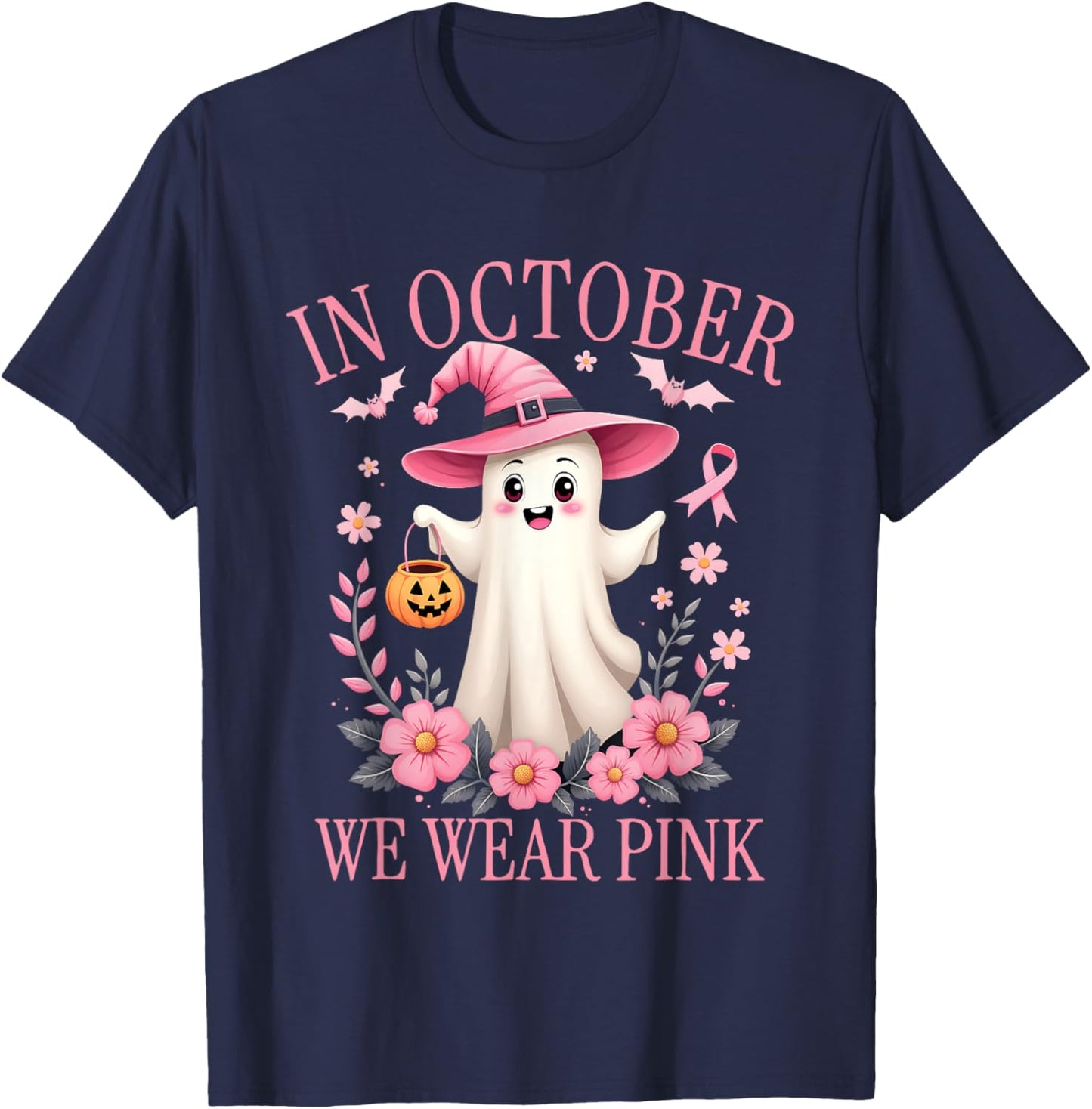 In October We Wear Pink Breast Cancer Awareness Halloween T-Shirt - T-Shirt | Navy