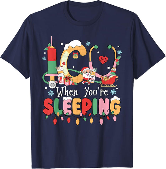 Christmas ICU When You're Sleeping Santa Christmas Nurses T-Shirt - T-Shirt | Navy