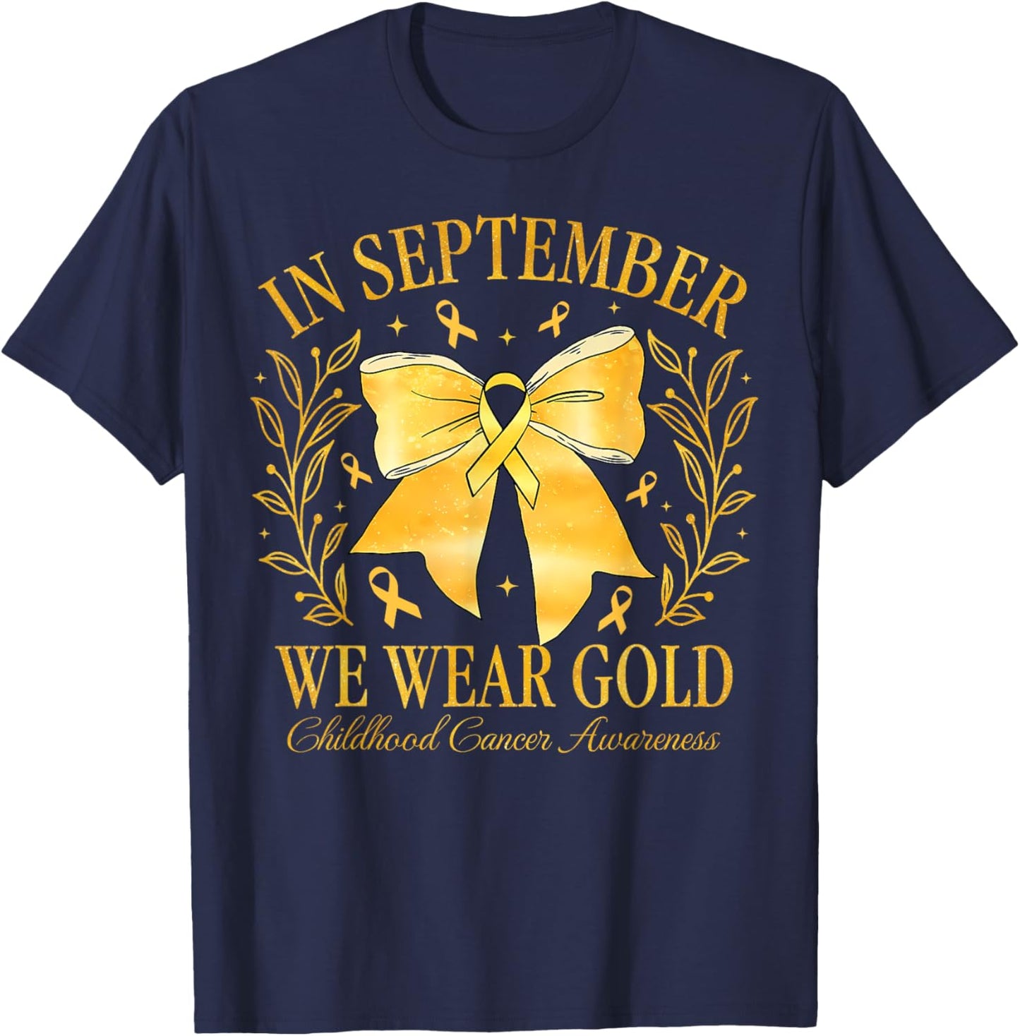Childhood Cancer Awareness Month Gold Ribbon Coquette Bow T-Shirt - T-Shirt | Navy