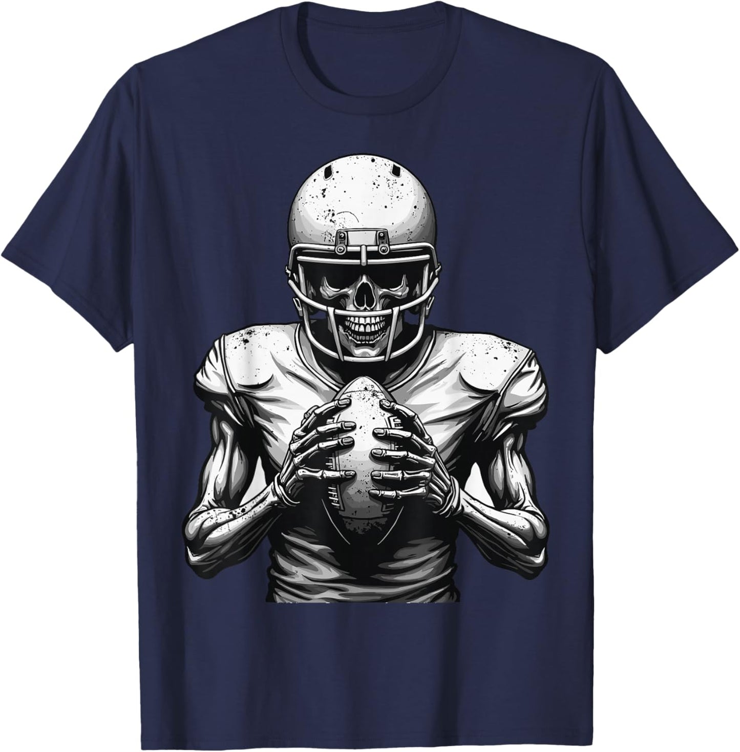 Halloween Skeleton Football Player Spooky Sports Graphic T-Shirt - T-Shirt | Navy