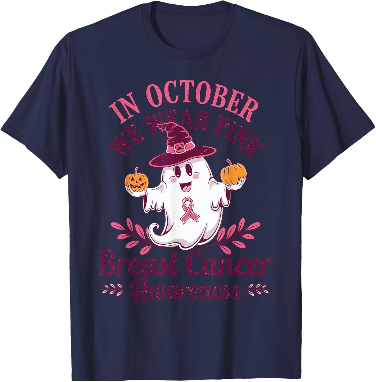 In October We Wear Pink Breast Cancer Awareness Pumpkins T-Shirt - T-Shirt | Navy