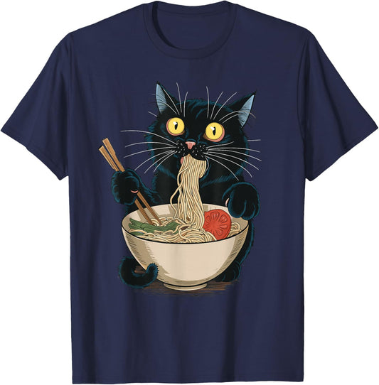 Funny Japanese Cat Eating Ramen Vintage Japanese Noodles T-Shirt - T-Shirt | Navy