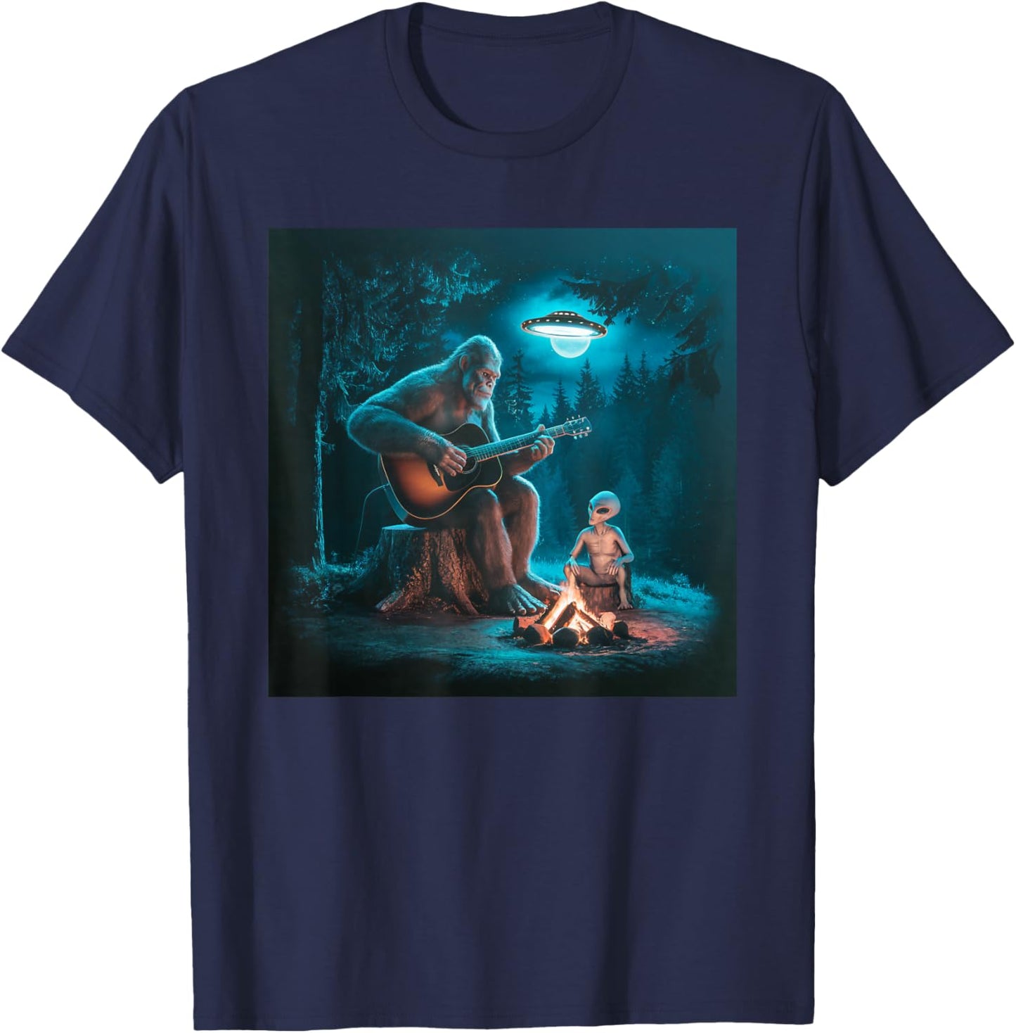 Bigfoot Alien Sasquatch Campfire UFO Music Night Scene T-Shirt - T-Shirt | Navy