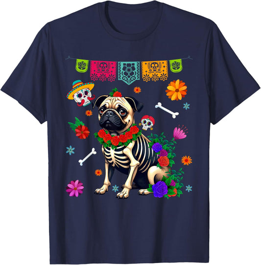 Funny Sugar Skull Pug Dog Flowers Dia de Muertos Halloween Women T-Shirt - T-Shirt | Navy